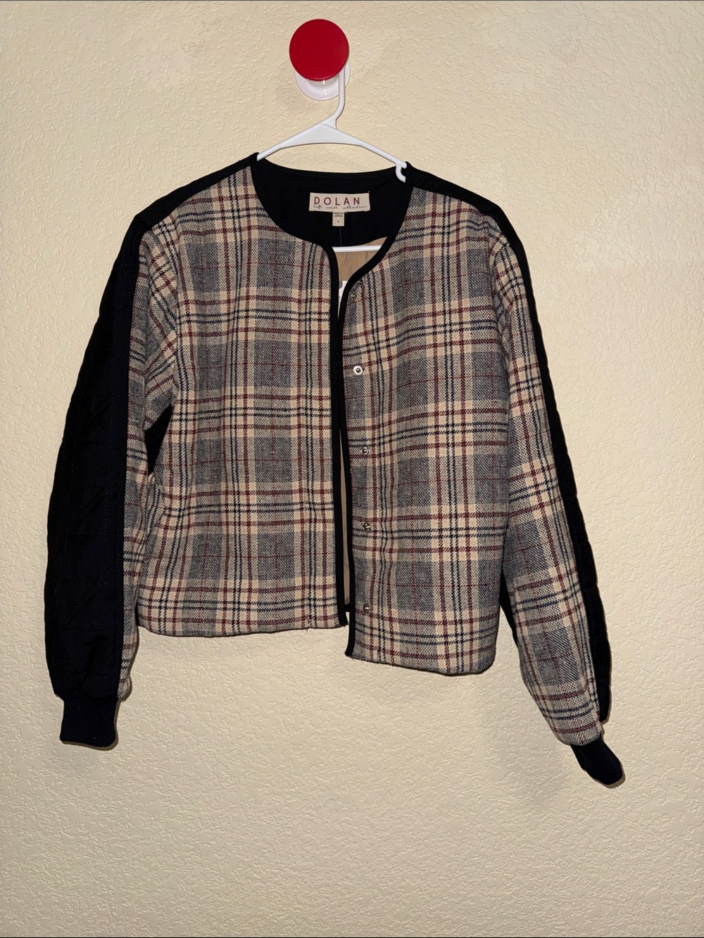 Dolan Plaid Quilted Jacket with Black Knit Sleeves - Tan/Black/Gray NWT